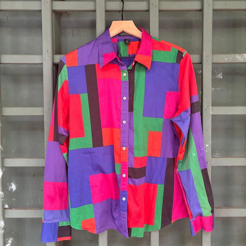 Vintage Lauren Ralph Lauren Colorblock Geometric Button Down Shirt XL - Picture 2 of 5